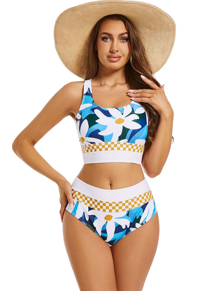 High-Waist Square Neck Bloomington Cut Back Crop Bikini Set