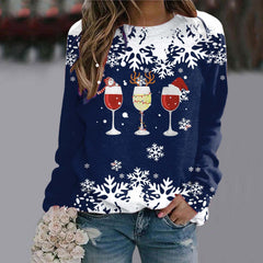 Three Red Wine Glasses Round Neck Raglan Sleeve Sweatshirt Christmas Print Long Sleeve Top