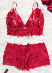 Lace Splicing Bowknot Lingerie Set - Red