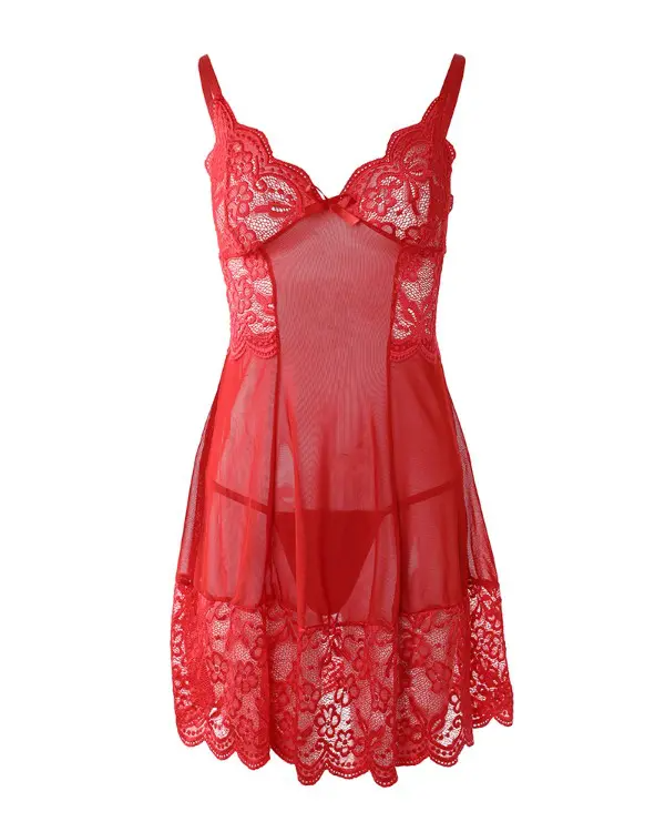 Bowknot Decor Sheer Mesh Lace Babydoll