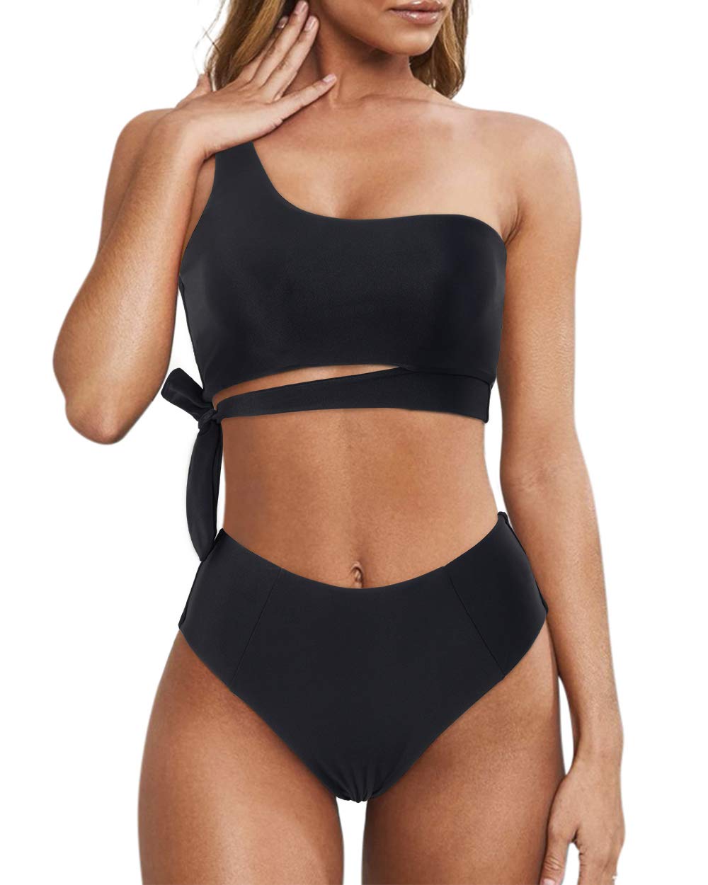 One Shoulder High Waisted Bikini Tie High Cut Two Piece Swimsuits
