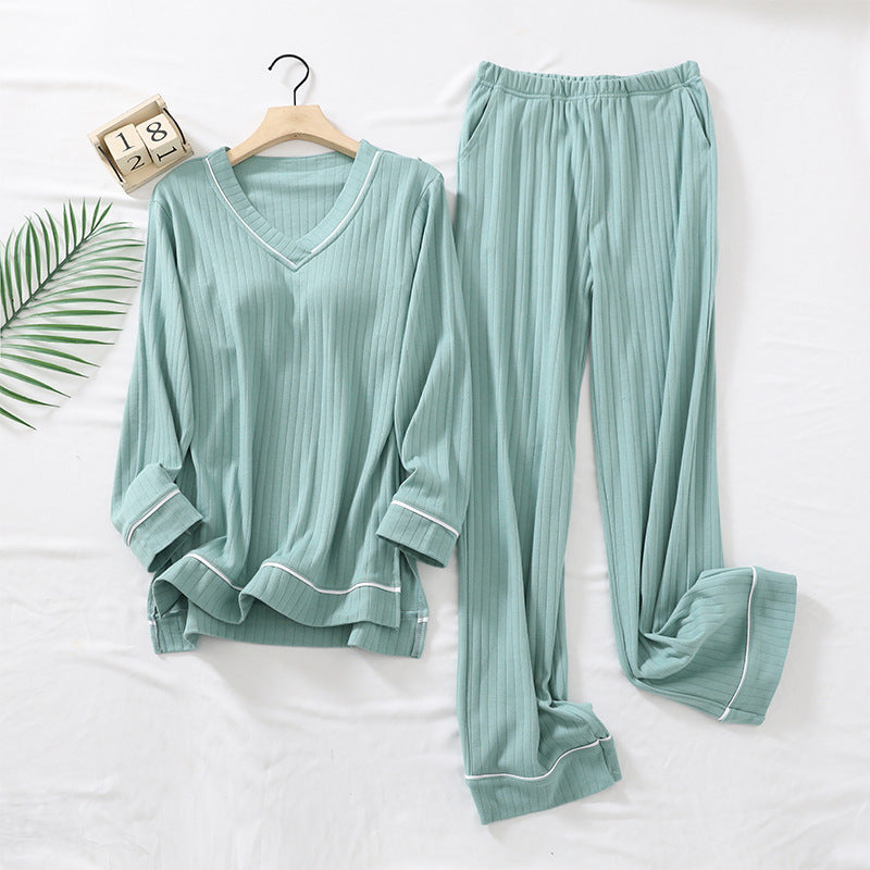 Green Simple Comfortable Cotton Top Pants Home Pajamas Set With Chest Pad