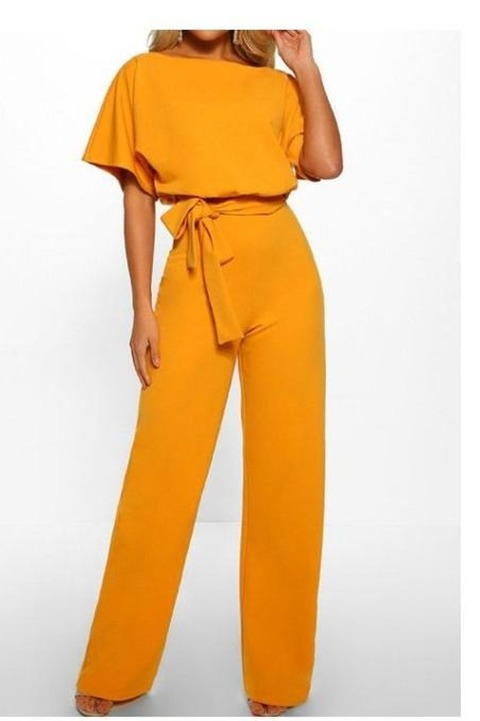 Casual Short Sleeve Belted Jumpsuit Long Pants Back Keyhole Overall Romper