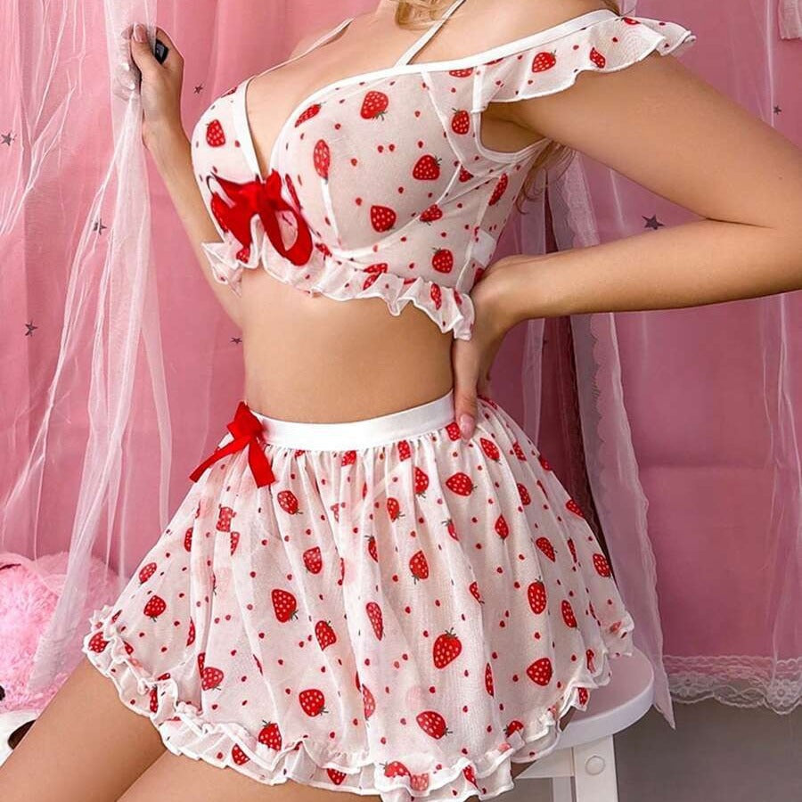 Strawberry Print Lace Trim Cute Pajama Skirt Set