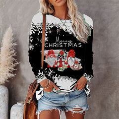 Black And White Round Neck Christmas T-shirt Print Long sleeve Top