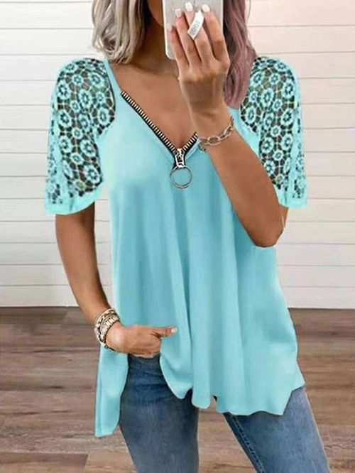 Casual Lace Patchwork V-neck Hollow Out T-Shirts