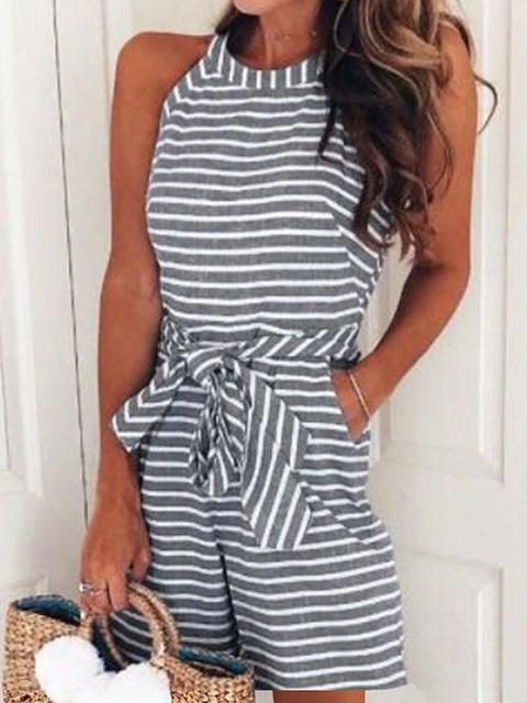 Bow-tie Stripes Print Loose Romper