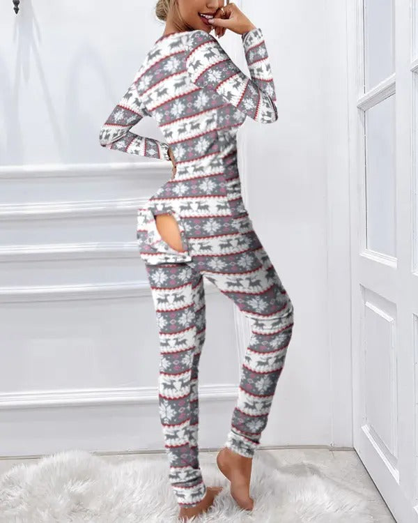 Christmas Functional Buttoned Flap Adults Pajamas