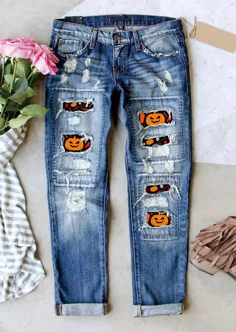 Halloween Pumpkin Face Ripped Denim Pants - Blue