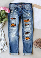 Halloween Pumpkin Face Ripped Denim Pants - Blue