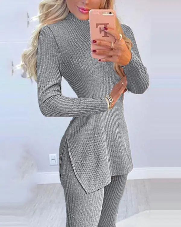 Slit Long Sleeve High Neck Knit Pajamas Set