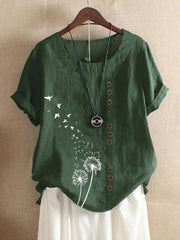 FLOWER BIRDS PRINT SHORT SLEEVE BUTTON TSHIRT