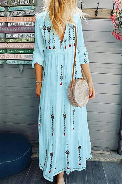 THREE-QUARTER SLEEVE ANKLE-LENGTH PRINT HIGH WAIST PULLOVER DRESS