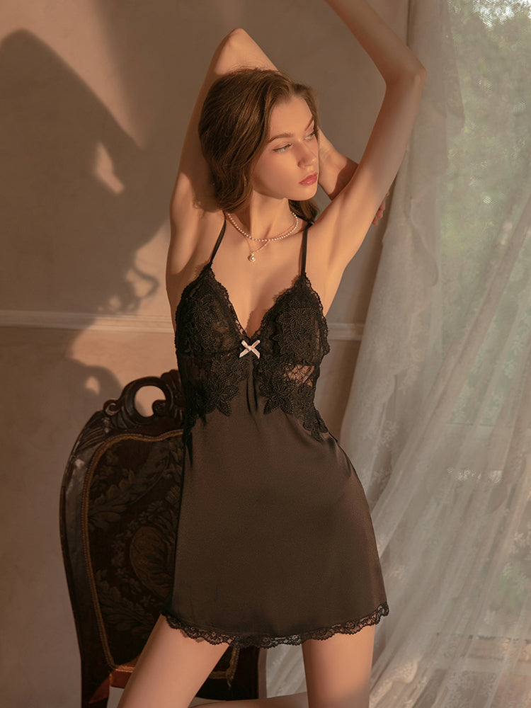 Sexy Women Lace Decoration One-Piece Nightgown With T-Back