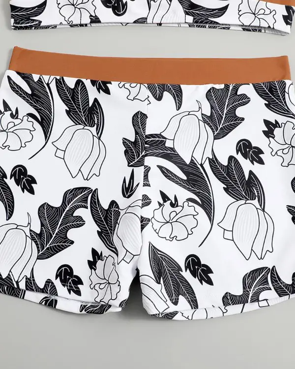 V-neck Plants Print High Waist Halter Bikini Set