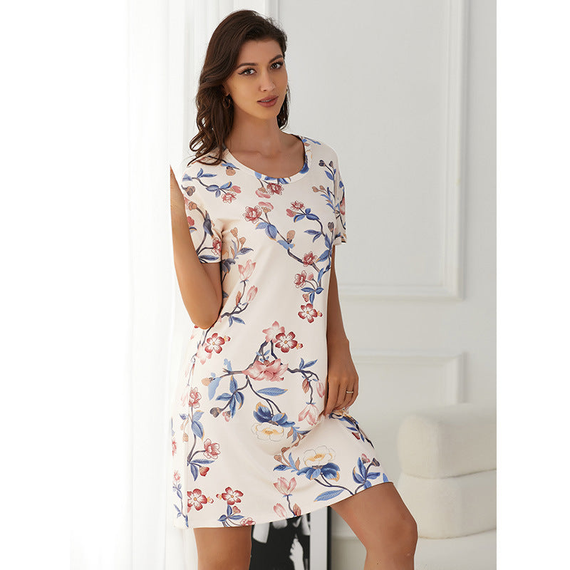 Flowers Print Short-Sleeved Loose-Fitting Home Pajamas Can Be Worn Outside