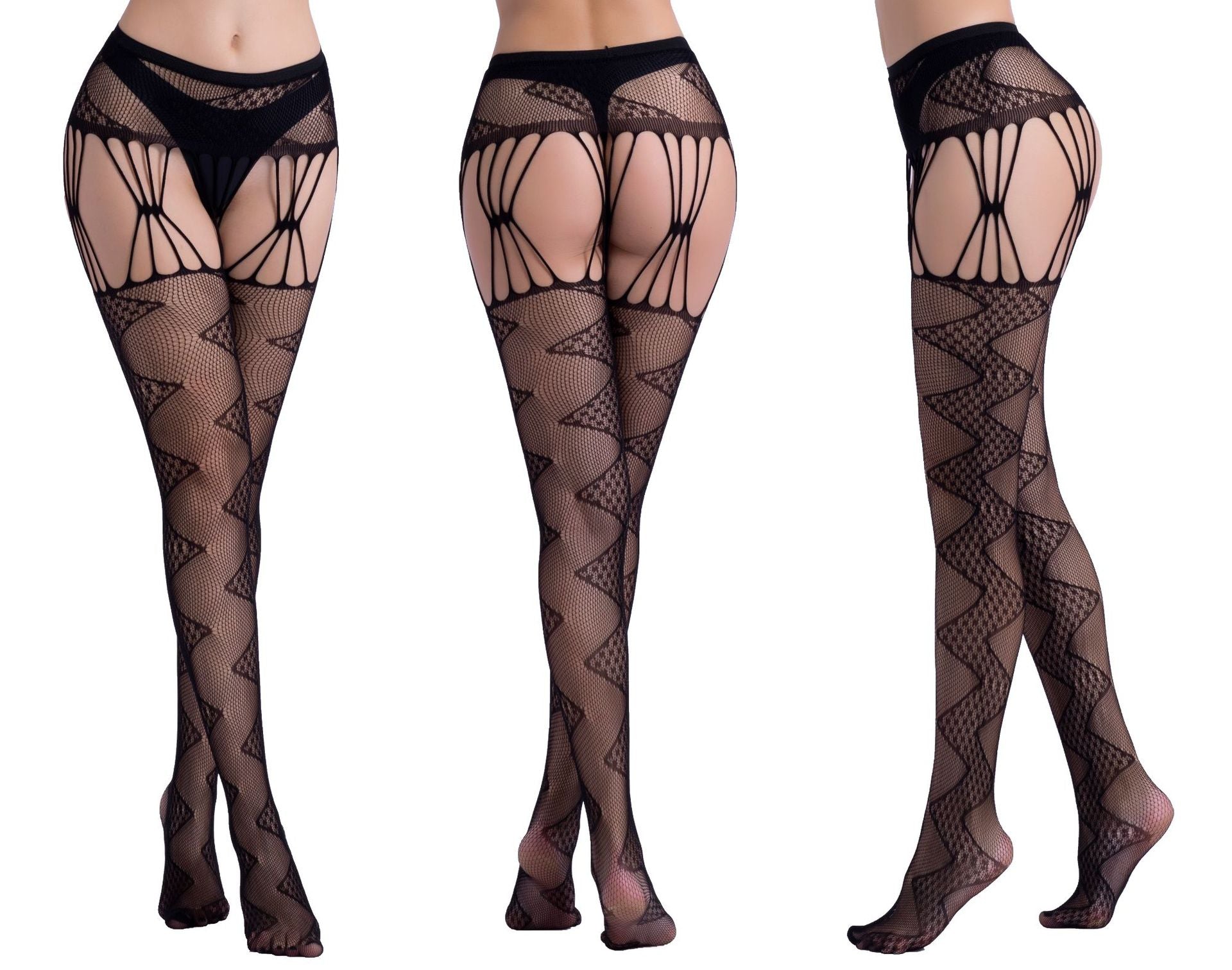 Black Hollow Suspender Jacquard Pants Fishnet Socks-33 Styles