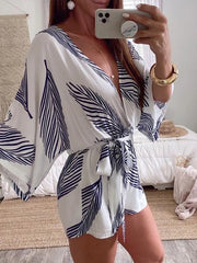 Casual Leaves Print V-Neck Loose Fit Romper With Belt