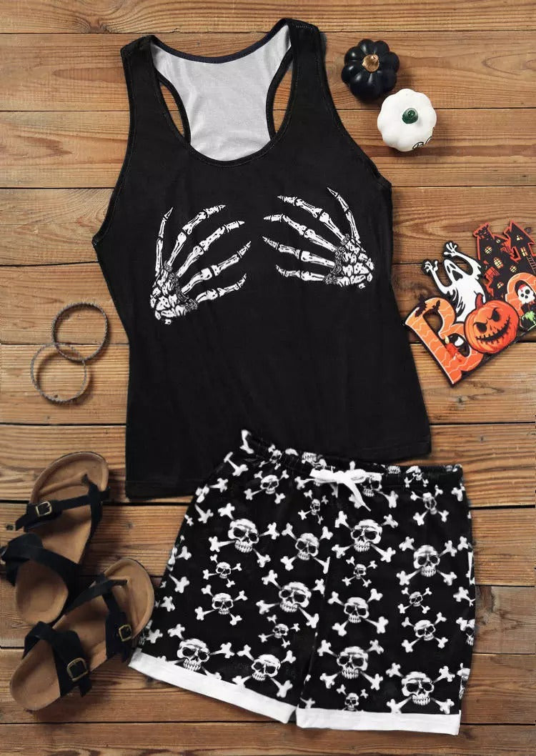 Halloween Skeleton Hand Tank And Skull Shorts Pajamas Set