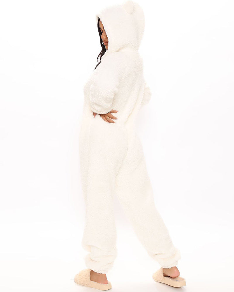 3D Ear Zipper Front Hooded Fluffy Lounge Jumpsuit