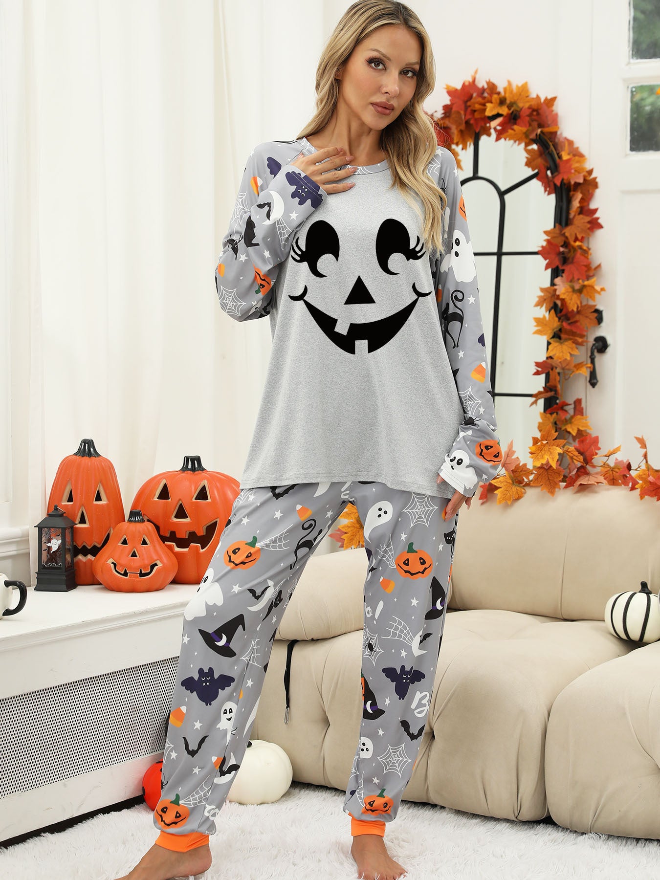 Halloween Women's Printed Autumn And Winter Long-Sleeved Trousers Home Wear Suit