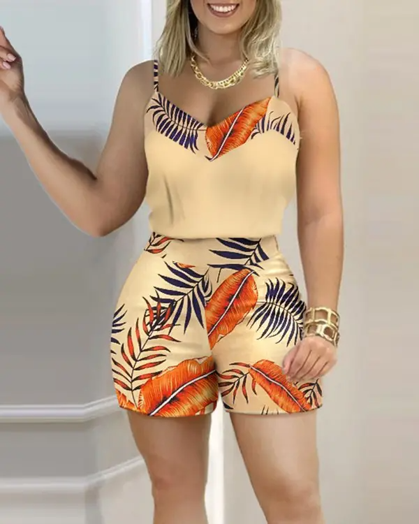 Leaf Print Cami Top & Shorts Set
