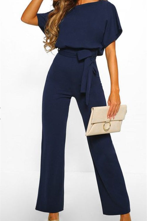 Casual Short Sleeve Belted Jumpsuit Long Pants Back Keyhole Overall Romper