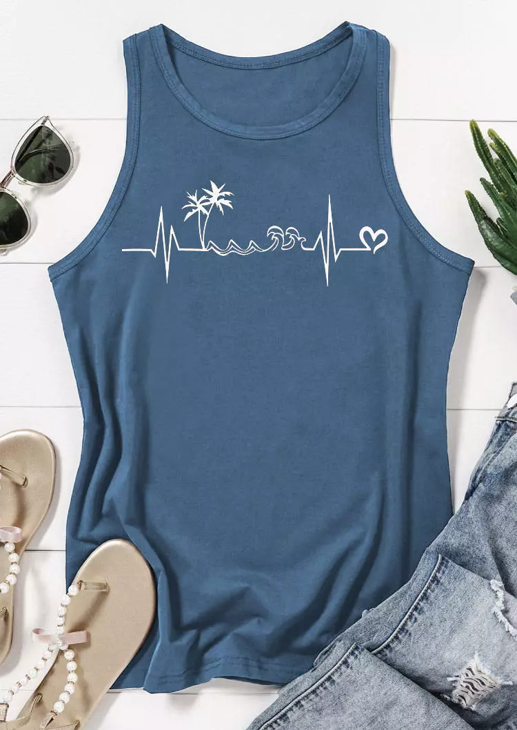 Beach Heartbeat Coconut Tree Racerback Tank - Blue