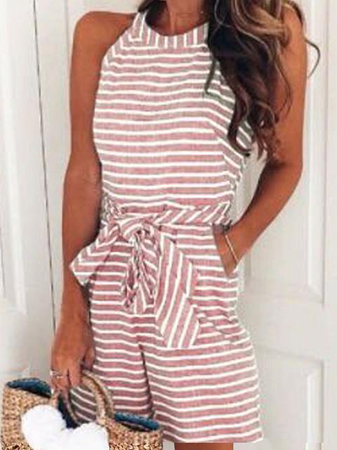 Bow-tie Stripes Print Loose Romper