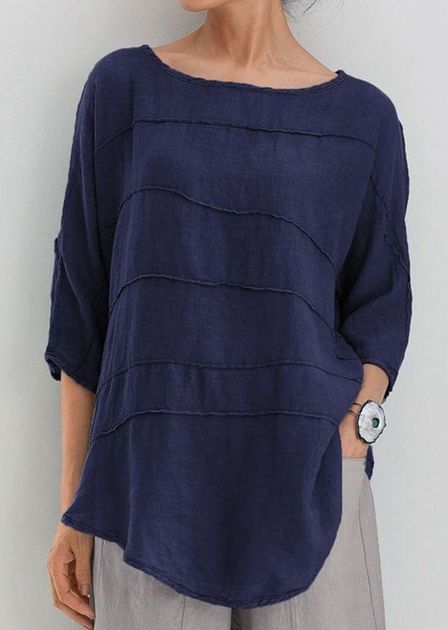 Blue Casual Round Neck Solid Long Sleeve Blouse